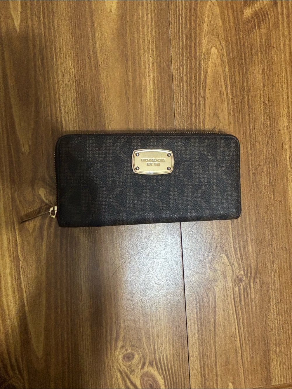 Michael Kors Black Logo Zip-Around Wallet with Gold Plaque